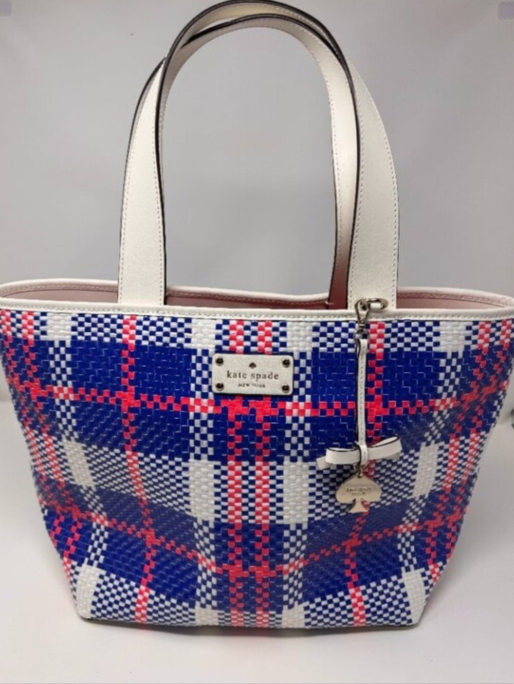 Kate Spade Blue & Coral Grand Plaid Woven Tote EUC